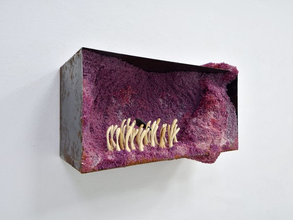 Matteo Gatti, Diorama, 2020, resina, sale, silicone, silicio, vetro, pigmento, legno, ferro, 60 x 30 x 25 cm.
