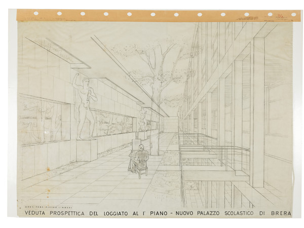 Pietro Lingeri, Progetto per la nuova sede dell’Accademia di Brera (quarta soluzione), 1946 (con L. Figini, G. Pollini, G. Terragni). Veduta prospettica, s.d. (APL Milano) I Ph. Gianluca di Ioia