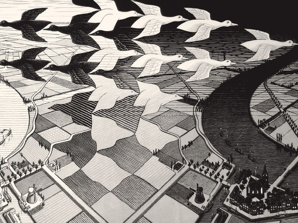 Maurits Cornelis Escher, Giorno e notte, Febbraio 1938, Xilografia, 67.7 x 39.1 cm, Collezione privata, Italia | All M.C. Escher works © 2019 The M.C. Escher Company | All rights reserved www.mcescher.com