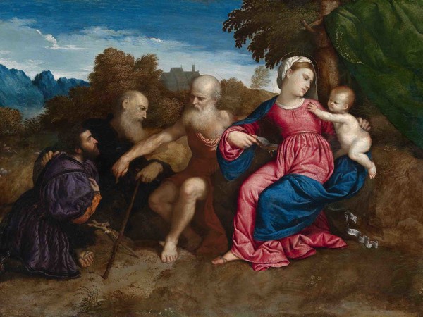 Paris Bordon, Madonna con il Bambino, i santi Girolamo e Antonio abate e un devoto , 1525 circa, olio su tavola, cm. 61x82,9. Glasgow, Kelvingrove Art Gallery and Museum