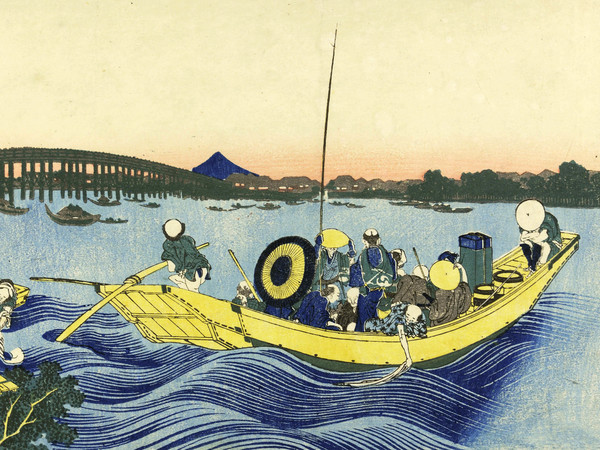Katsushika Hokusai, Veduta del tramonto presso il ponte Ryōgoku dallasponda del pontile di Onmaya, Dalla serie Trentasei vedute del Monte Fuji, 1830-1832, Silografia policroma | © Courtesy Museo d’Arte Orientale E. Chiossone