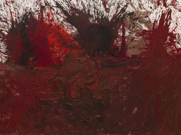 Hermann Nitsch, Schüttbild – 70. Malaktion, 2014, acrylic on jute, 300x200 cm.