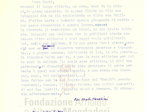 Lettera di Pasolini a Marco Forti del 23 aprile 1957
