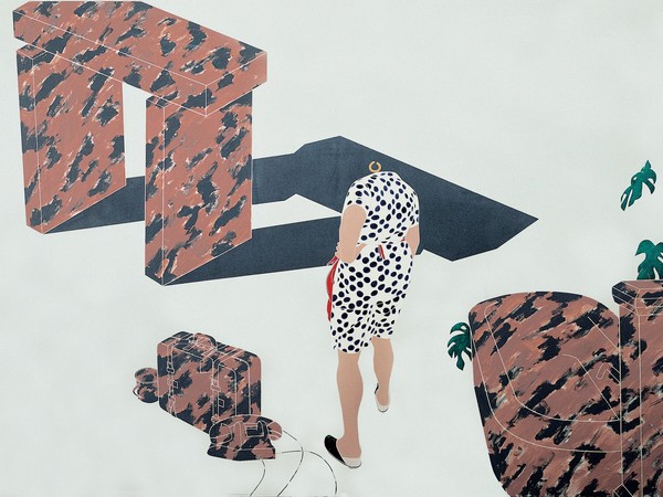 Emilio Tadini, Viaggio in Italia, 1971. Acrilici su tela, 200x300 cm. Collezione privata