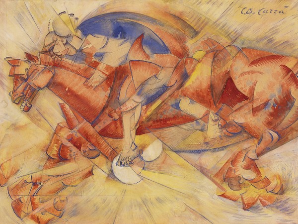 Carlo Carrà (Quargnento, 1881 - Milano, 1966), Il cavaliere rosso, 1913, Tempera e inchiostro su carta intelata, 26 x 36 cm, Milano, Museo del Novecento, Galleria del Futurismo, Collezione Jucker, 1992