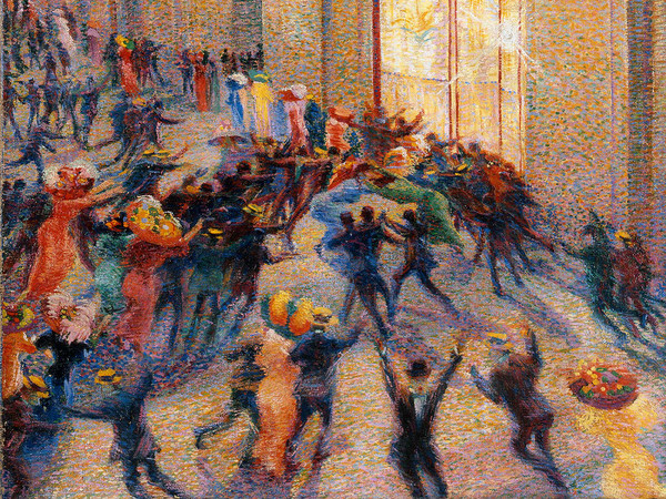 Umberto Boccioni, Rissa in galleria, 1910, Milano, Pinacoteca di Brera, Dalla Collezione Emilio e Maria Jesi. Dimensioni: 76×64 cm 