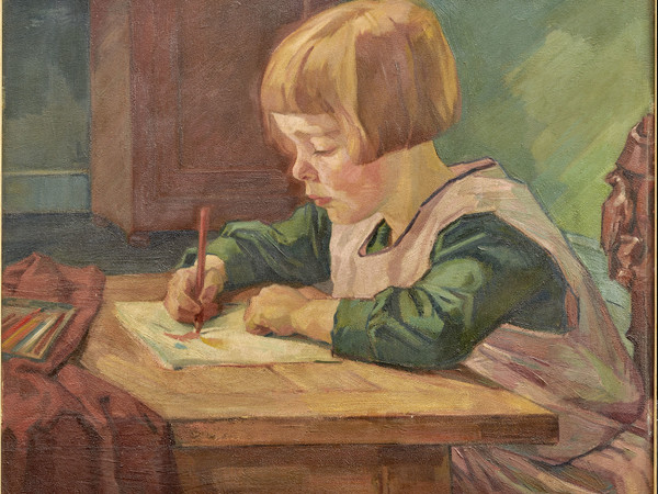 Willy Fries, Senza titolo (La piccola Hanno con una matita colorata), ca.1923. Olio su cotone, cm. 50x60. Stiftung Righini- Fries Zürich