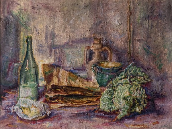 Francesco Arata, Natura morta con aringhe e verza, 1949, olio su tela