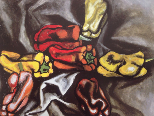 Renato Guttuso, Peperoni su fondo nero, olio su tela, cm. 60x75