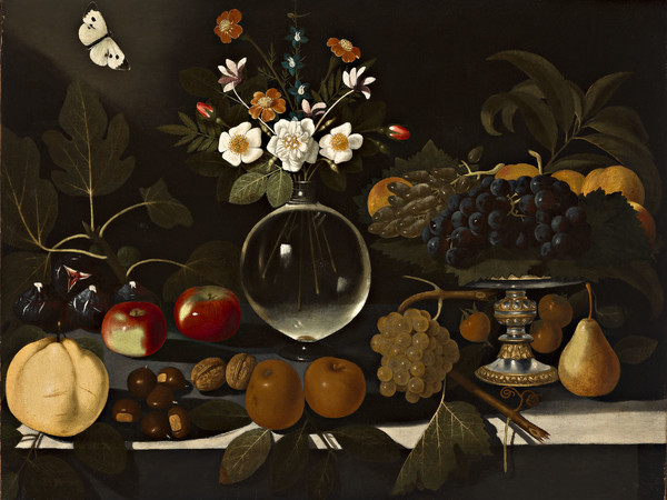 Maestro di Hartford, Alzatina con uva e pesche, vaso di fiori, frutta e farfalla, 1600-1602 ca., olio su tela