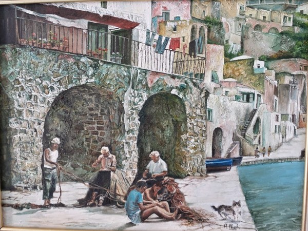 Antonietta Righi, Pescatori a marina di Corricella, olio su tela, cm 30x40