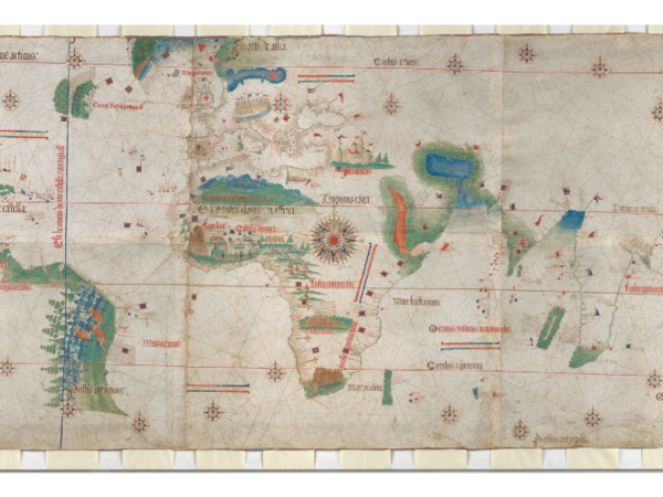 Mappa del cantino. Fondo cartografico segnatura C.G.A.2. Acquisita da Ercole I d'Este nel 1502. Tecnica: pergamena dipinta. Realizzata da Alberto Cantino 