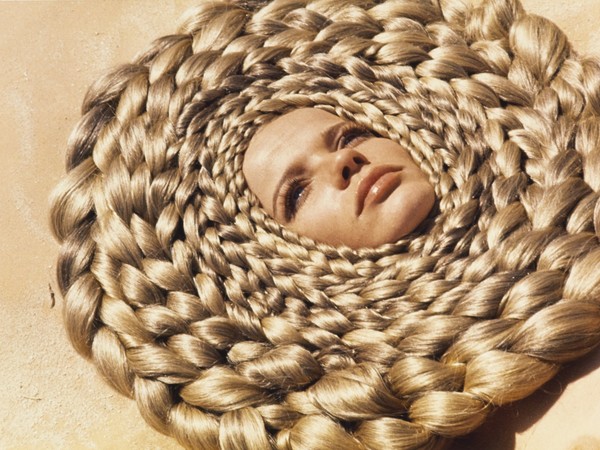 Franco Rubartelli, <em>Veruschka with head surrounded by circles of braided gold hair</em>, Egypt, 1967. Hair stylist: Ara Gallant