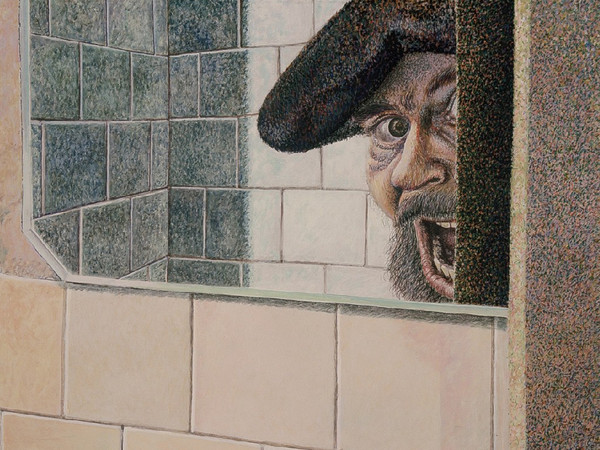 Leo Contini Lampronti, Autoritratto in bagno, Tel Aviv, 1986, tempera su tela, 52×60 cm. Collezione Leo Contini Lampronti