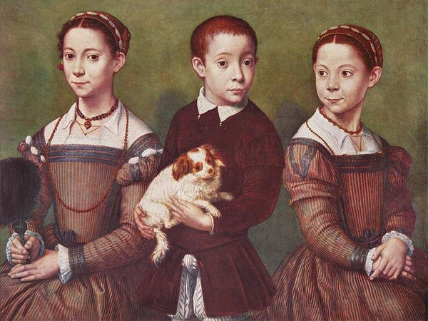 Sofonisba Anguissola (Cremona, 1532 - Palermo, 1625), Tre bambini con cane, 1570-1590 circa, Olio su pannello, 74 x 95 cm, Collection Lord Methuen, Corsham Court, Wiltshire