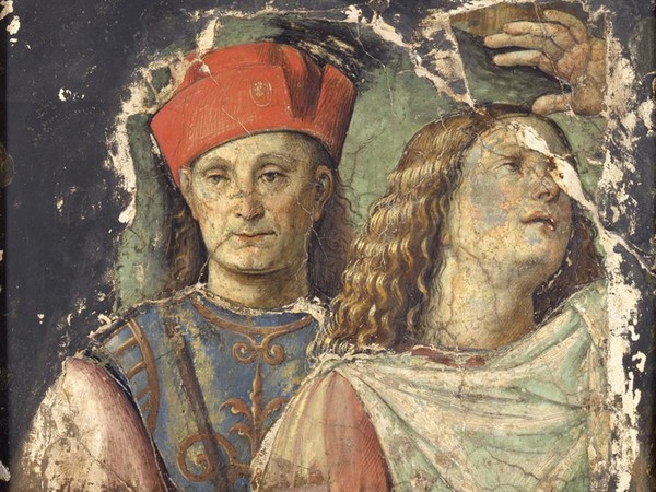 Francesco Raibolini detto Il Francia, Due teste maschili, 1500 ca., frammento di affresco staccato e inglobato nel gesso, 70x79x5x53. Pinacoteca Nazionale, Bologna