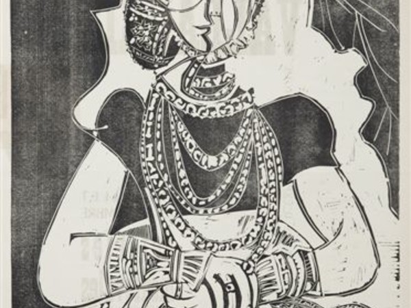 Pablo Picasso, Ritratto di giovane donna da Cranach il Giovane. II, 4.7.1959 linografia stampata in nero, working proof, 2° stato di 3, 798x599 mm. Kunstmuseum Pablo Picasso Münster 