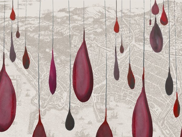 Allegra Hicks, La geografia dell'anima, 173x129 cm., mixed media stampa su lino, inchiostro e ricamo in cotone