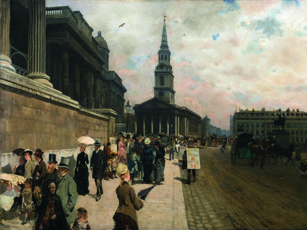 Giuseppe De Nittis, La National Gallery e la Chiesa di Saint Martin a Londra, 1877, Olio su tela, 105.5 x 71 cm, Parigi, Petit Palais, Musée des Beaux Arts de la Ville de Paris