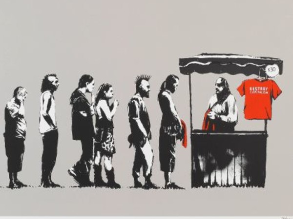 Opera di Banksy. "Il secondo principio di un artista di nome Banksy", Palazzo Ducale, Genova.<br />