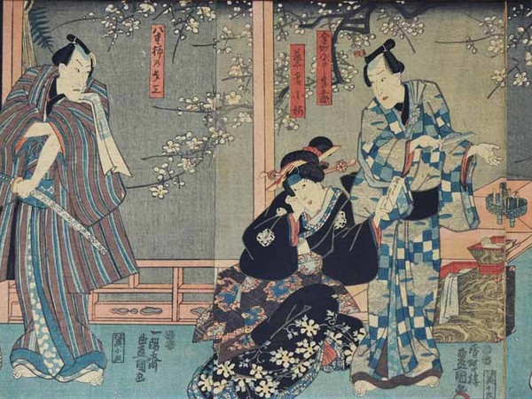 Yoshu Chinkanobu (1838 - 1912), Scena di teatro Kabuki, Xilografia policroma in formato oban, 70 x 35 cm, Firmata Il pennello di Yoshu Chikanobu