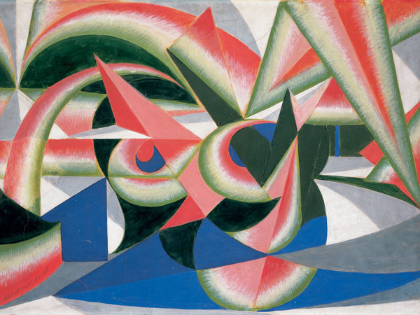 Giacomo Balla, <em>Forze di paesaggio + cocomero</em>, 1917-18. Tempera su carta intelaiata, cm. 54x76