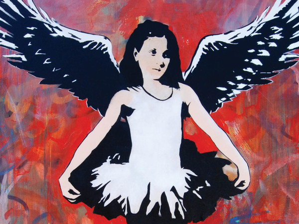 Blek le Rat, <em>Sweet Dreams (with wings, red)</em>, Spray paint and acrylic on canvas, 89 x 116 cm, 2015