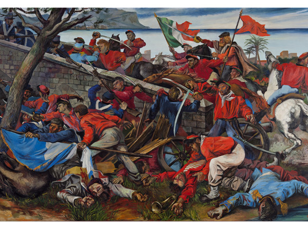 Renato Guttuso, <em>La battaglia di Ponte dell’Ammiraglio</em>, 1955, olio su tela, 500 x 300 cm, Roma, Galleria Nazionale d’Arte Moderna e Contemporanea. Su concessione del Ministero dei Beni e le Attività Culturali e Ambientali e del Turismo. Renato Guttuso by SIAE 2018