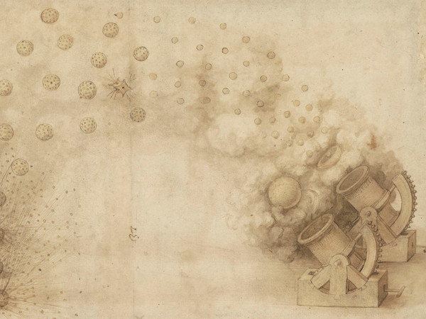 Leonardo da Vinci (1452-1519), Codice Atlantico (Codex Atlanticus), Foglio 33 recto, Studio di due mortai in grado di lanciare bombe esplosive | © Veneranda Biblioteca Ambrosiana / Mondaori Portfolio