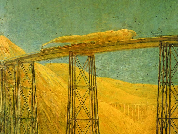 Gaetano Previati, La ferrovia del Pacifico, 1914-1916, Olio su tela, 207.3 x 133 cm, Camera di Commercio Metropolitana di Milano-Monza-Brianza-Lodi | Courtesy of Fondazione Ferrara Arte