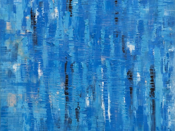Giuseppe Oliva, Primavera bagliori nell'azzurro, 2018, olio su tela, cm. 100x100