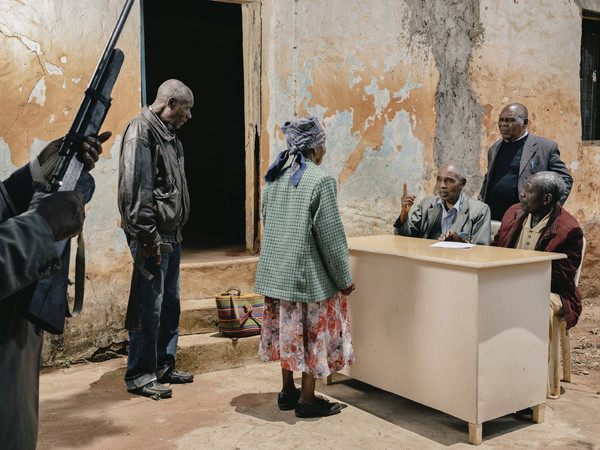 Beninah Wanjugu Kamujeru, John Mwangi, Ndungu Ngondi (1939-2023), Joseph Gachina and Wilfred K. Maina (left to right), MMWVA Murang’a, Kenya, 2019. From the series State of Emergency, Max Pinckers et al. (2014-2024)