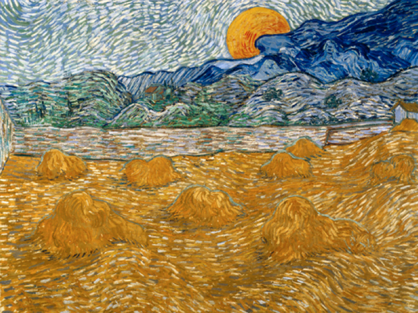 Vincent van Gogh, Paesaggio con covoni di grano e luna che sorge, 1889. Olio su tela, 72 x 91,3 cm. 