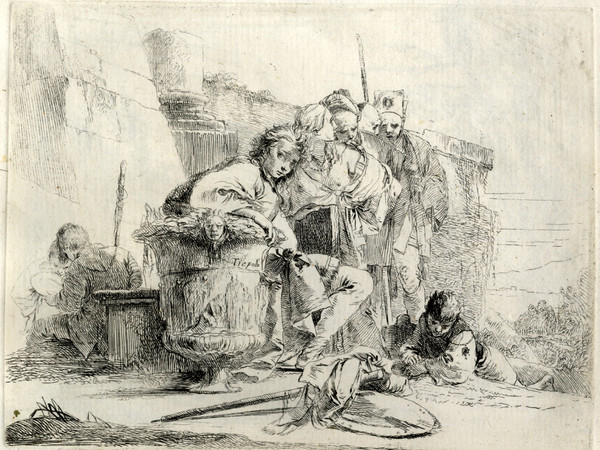 Giambattista Tiepolo, Giovane seduto appoggiato ad un vaso dalla serie dei Capricci. Acquaforte, 140x180 mm. Fondazione Musei Civici di Venezia Museo Correr, Gabinetto dei Disegni e delle Stampe, Venezia