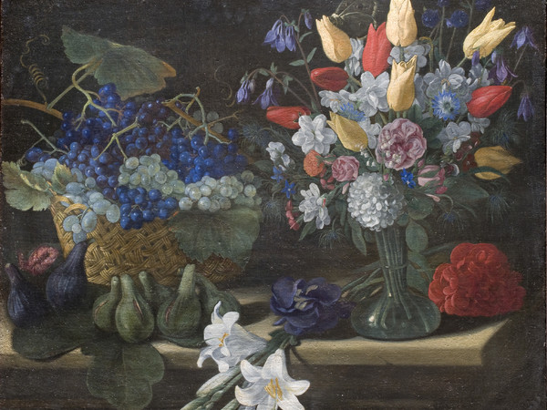 Anonimo caravaggesco, Natura morta con cesta di uva, vaso di fiori e fichi 