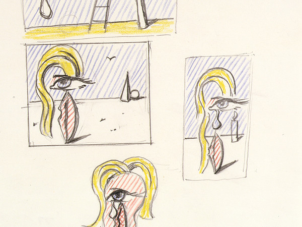 Roy Lichtenstein, Figure with Trylon and Perisphere, and Surrealism (Studies), 1977. Graphite pencil and colored pencil on paper, 22.4x19.8 cm. Private Collection 
