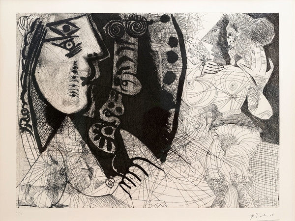 Pablo Picasso, Couple, femme et homme-chien avec femme à la fleur, 1972. Original aquatint drypoint etching, limited edition, cm. 36,6x49,2