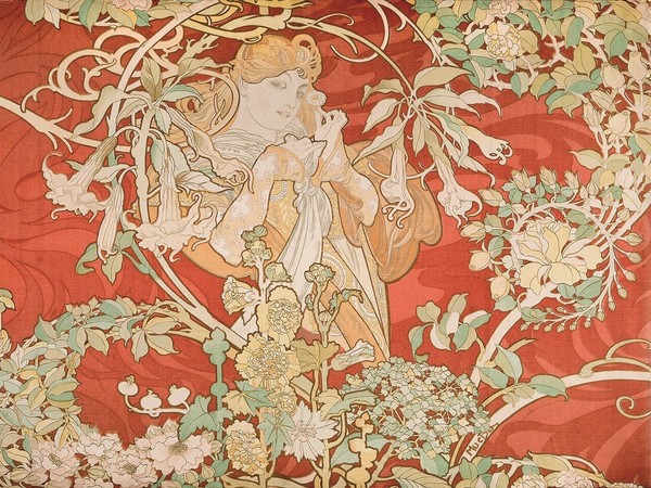 Alfons Mucha (1860-1939), Esecutore ignoto. Pannello raffigurante una fanciulla con pratolina, 1900 circa, Seta multicolore, tessuto stampato a mano, 88 x 64 cm