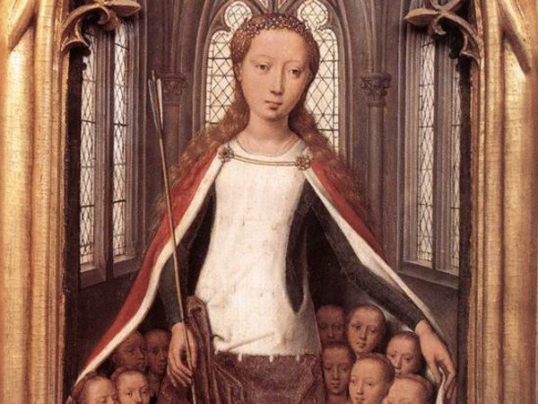 Sint Jaanshospitaal-Memlingmuseum: Hans Memling (1433 circa - 1494), Sant'Orsola e le Sante Vergini, Dettaglio del Reliquiario di Sant'Orsola, 1489