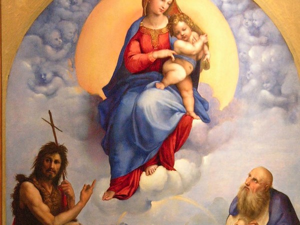 Raffaello Sanzio, La Madonna di Foligno,  olio su tavola trasportata su tela, 1511-1512, 320 × 194 cm, Pinacoteca Vaticana, Città del Vaticano.