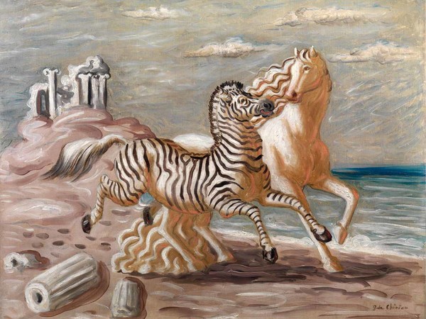 Giorgio De Chirico, Zebra e cavallo sulla spiaggia, 1929 ca, olio su tela, cm 74x92