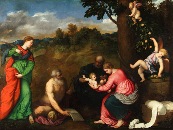 Paris Bordon, <em>Sacra famiglia con i Santi Gerolamo, Caterina d’ Alessandria e angeli</em>, 1535, olio su tela, 275 x 193 cm, Genova, Musei di Strada Nuova, Palazzo Rosso