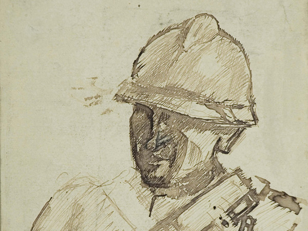 Mario Sironi, Soldato con elmo, 1938 circa. Tempera e matita su carta, cm 28,6 x 22,8.