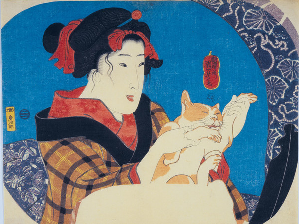 Utagawa Kuniyoshi, Ragazza che gioca col gatto, Serie senza titolo di donne che si riflettono allo specchio, Circa 1845, Silografia policroma (nishikie), 28.8 x 22.8 cm, Masao Takashima Collection