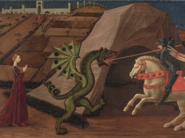 Paolo Uccello, San Giorgio e il drago, 1440-50 ca., tempera su pannello di legno, cm 62x102, <span>Paris, Musèe Jacquemart-Andrè, Institut de France</span>