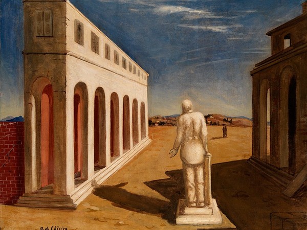 Giorgio de Chirico, Piazza d'Italia (Souvenir d'Italie), (1924-1925), olio su tela, 60x73 cm. Mart, Museo di arte moderna e contemporanea di Trento e Rovereto, Collezione L.F. 