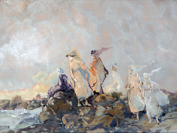 Pompeo Mariani, Inglesine sugli scogli, 1922. Olio su cartone, 19 x 53,5 cm