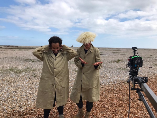 Paul Maheke on set in Orford Ness with collaborator Rob Bridger for the shoot of Mauve, Jim and John, 2021 I Ph. Marina Doritis