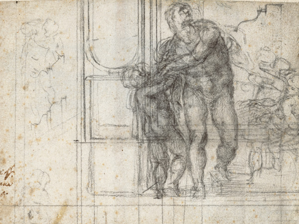 Michelangelo Buonarroti (1475 - 1564), Enea con Ascanio, convocato per lasciare Dido; Studi di architettura (recto), 1555 circa, Gesso nero, Senza cornice 18 x 13.6 cm, Haarlem, Museo Teylers, Acquistato nel 1790 | Immagine © Teylers Museum, Haarlem