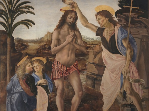 Andrea del Verrocchio, Leonardo da Vinci e altri pittori, Battesimo di Cristo, 1475-1478. Firenze, Galleria degli Uffizi 